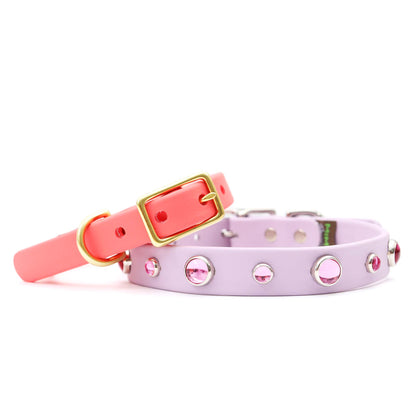 Pink Studded Waterproof Biothane Dog Collar BeltBuckle-Dolly: Pastel Purple / Silver / SM 5/8”W x 9-12”L