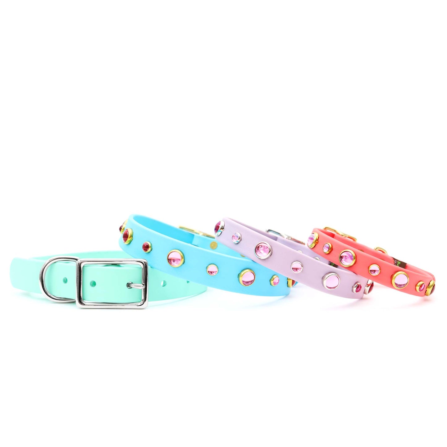 Pink Studded Waterproof Biothane Dog Collar BeltBuckle-Dolly: Seafoam / Silver / SM 3/4”W x 9-12”L