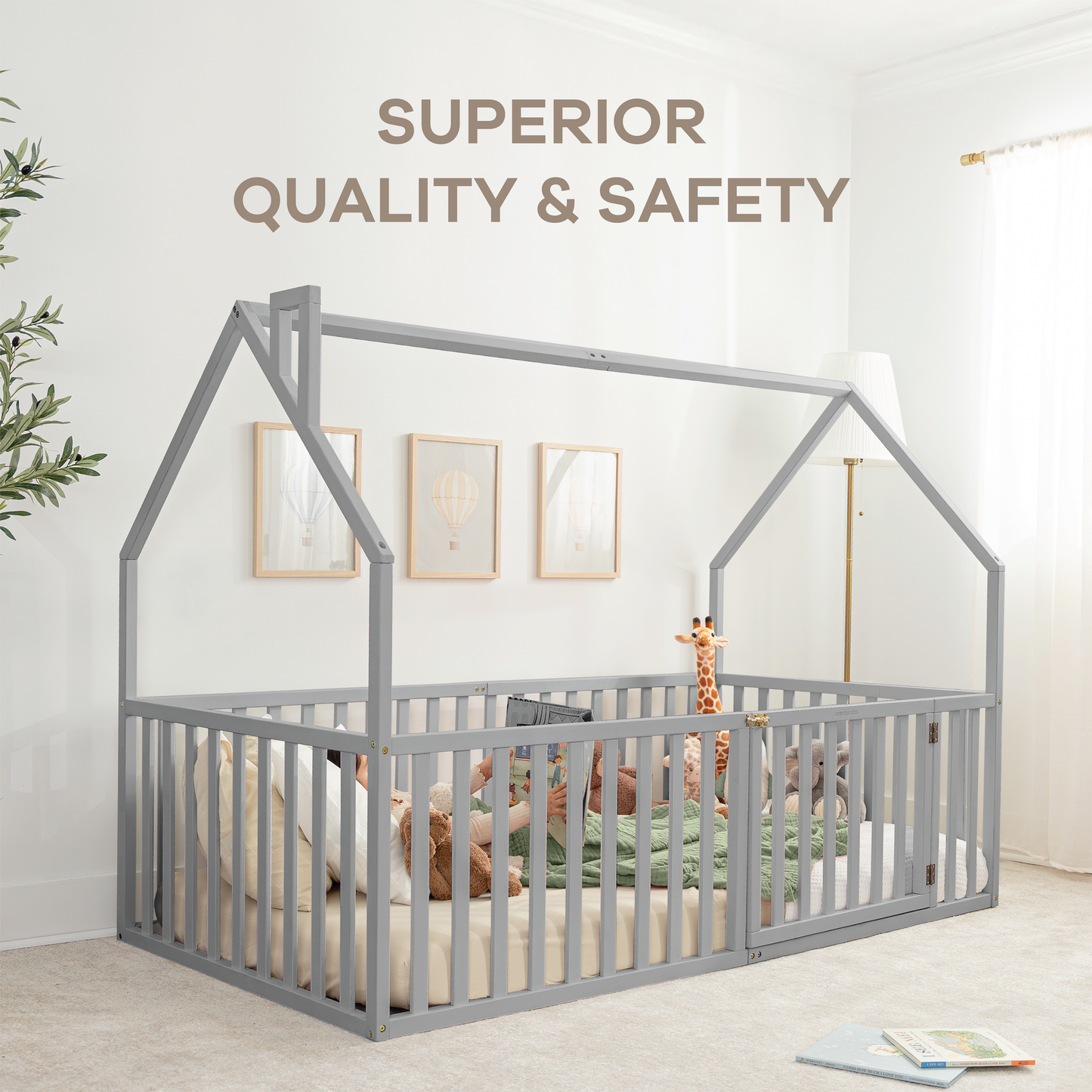 Kids House Gated Floor Bed Twin Size for 5+ by Comfy Cubs: Grey