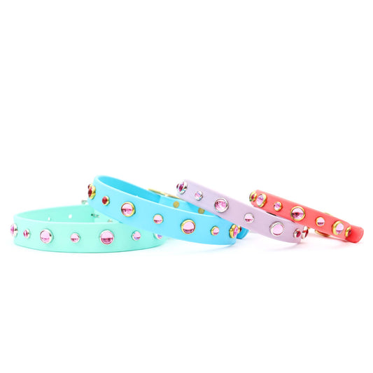 Pink Studded Waterproof Biothane Dog Collar BeltBuckle-Dolly: Pastel Purple / Silver / SM 5/8”W x 9-12”L