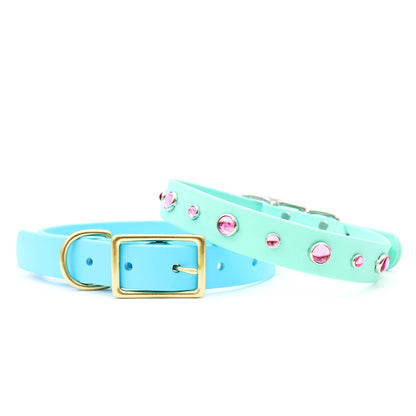 Pink Studded Waterproof Biothane Dog Collar BeltBuckle-Dolly: Pastel Purple / Silver / SM 5/8”W x 9-12”L