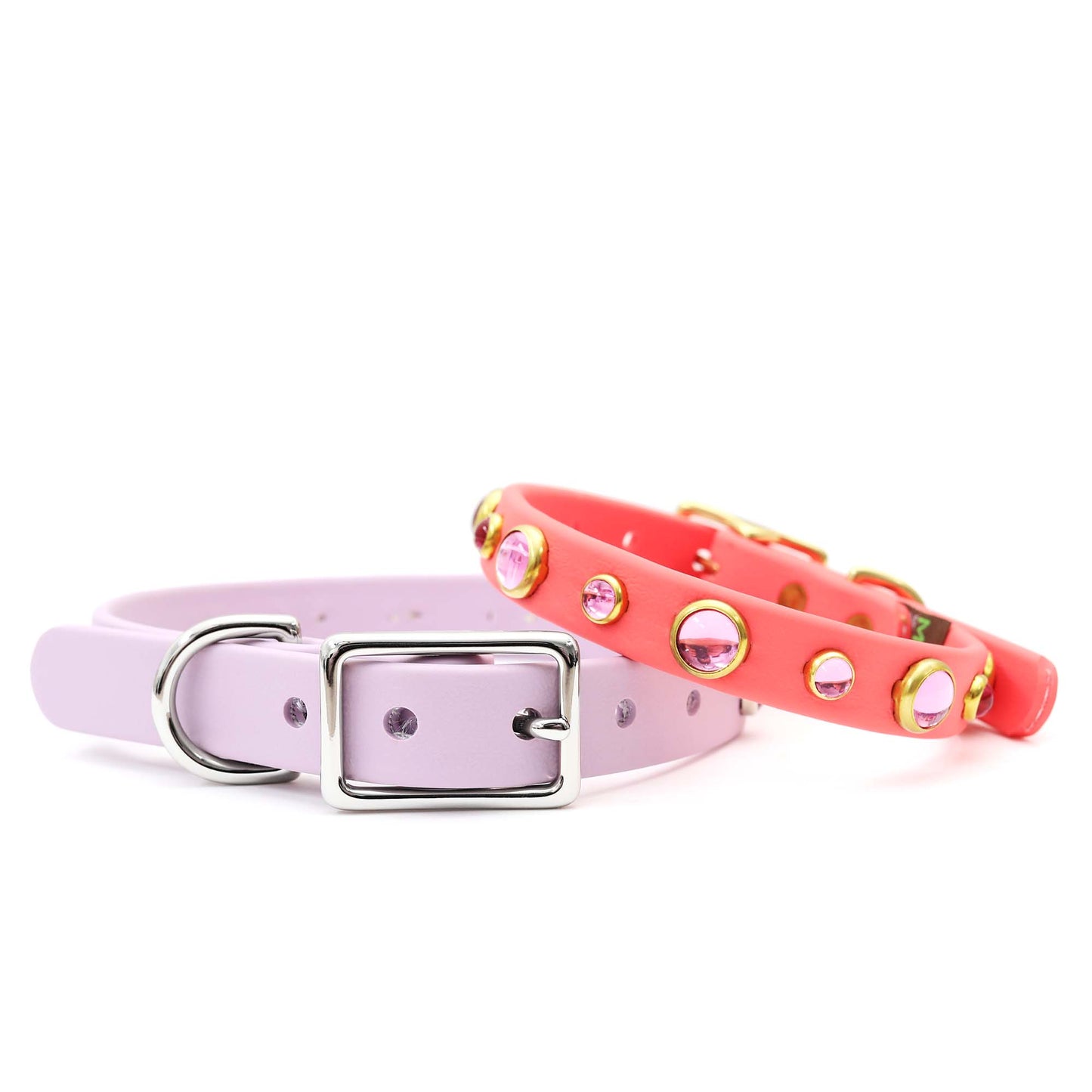 Pink Studded Waterproof Biothane Dog Collar BeltBuckle-Dolly: Pastel Purple / Silver / SM 5/8”W x 9-12”L